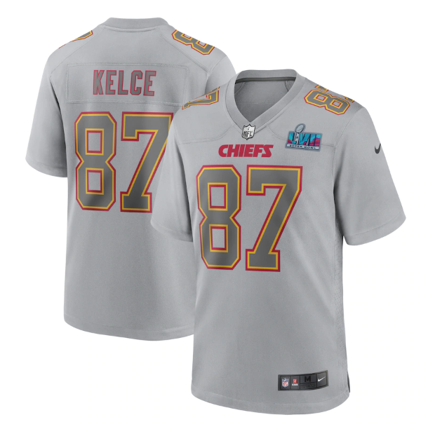 Men's Kansas City Chiefs #87 Travis Kelce Grey Super Bowl LVII Patch Atmosphere Fashion Stitched Game Jersey